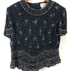 Papell Boutique Vintage Black Silk Beaded Blouse L